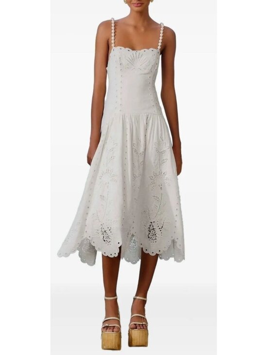 FARM Rio Dresses & Skirts - Farm Rio Off-White Richilieu Eyelet Scalloped Midi Dress Women's Size Large NWT!